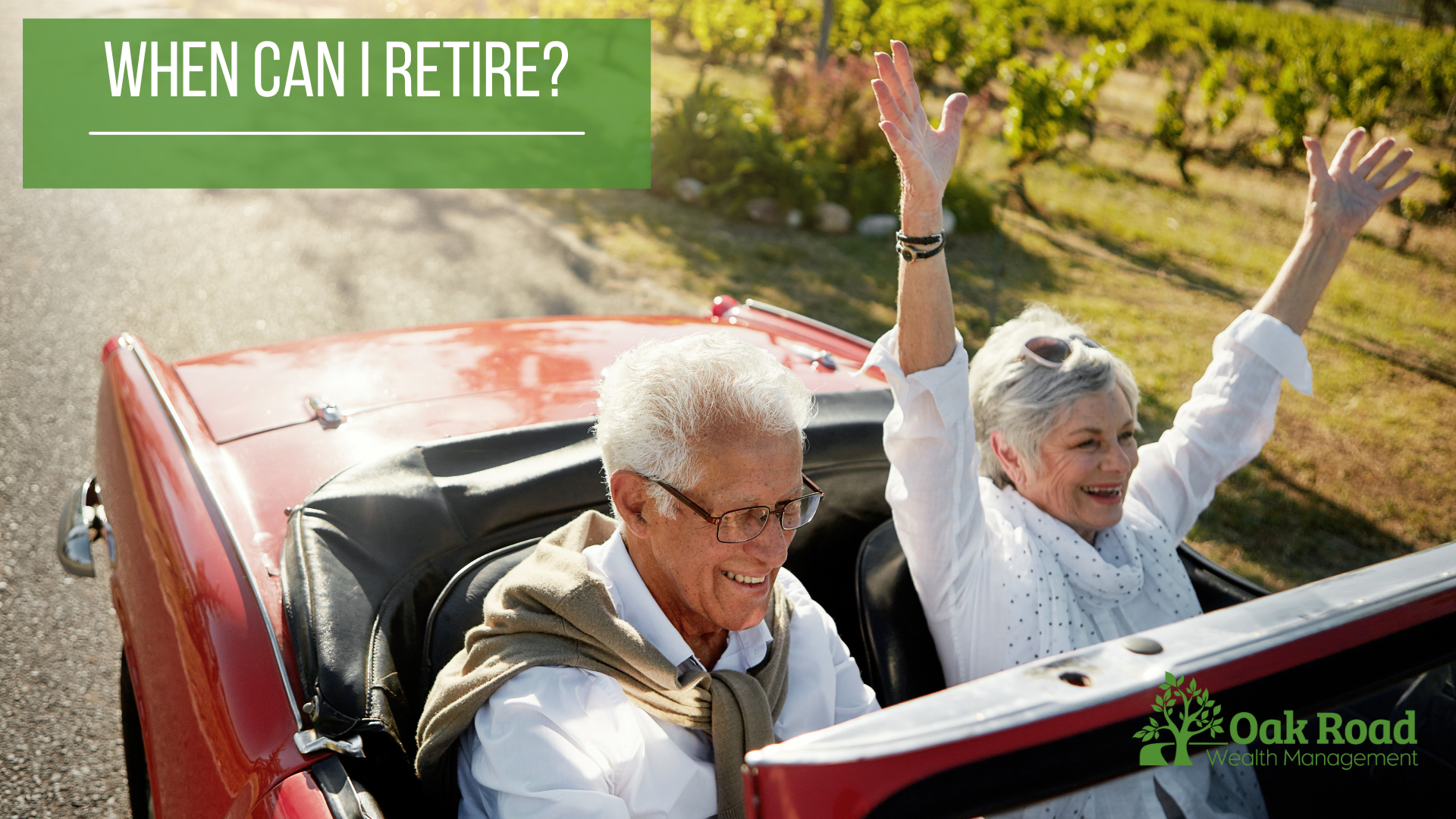 A retired couple happily rides in a new convertible after deciding to retire.